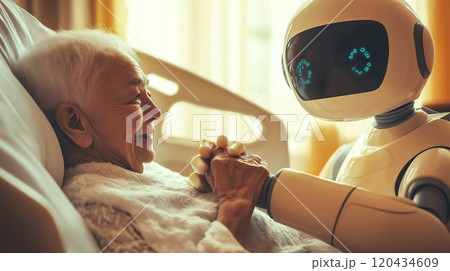 A robot cares for an elderly person in a smart hospital. The concept of advanced healthcare, technology-assisted caregiving, and compassion in medical innovation. Generative AI. A robot cares for an elderly person in a smart hospital. The concept of advanced healthcare, technology-assisted caregiving, and compassion in medical innovation. Generative AI. 120434609