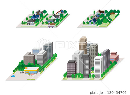 都市景観の立体イラスト.  建物のベクターイラスト. 120434703