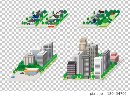 都市景観の立体イラスト.  建物のベクターイラスト. 120434703