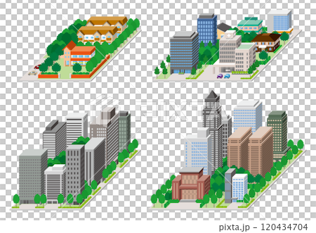 都市景観の立体イラスト.  建物のベクターイラスト. 120434704