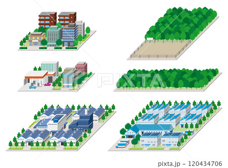 都市景観の立体イラスト.  建物のベクターイラスト. 120434706