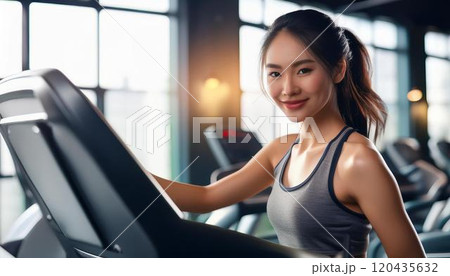 ランニングマシンで運動する若い女性 120435632