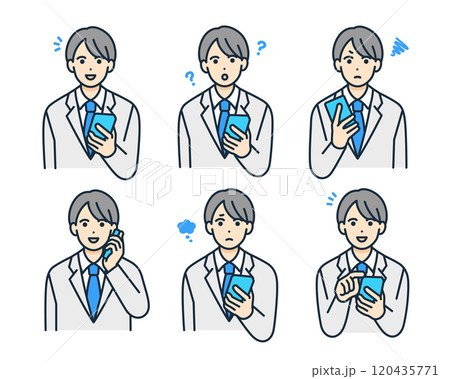 学生服姿の男の子。スマホを持つ学生のイラストセット。 120435771