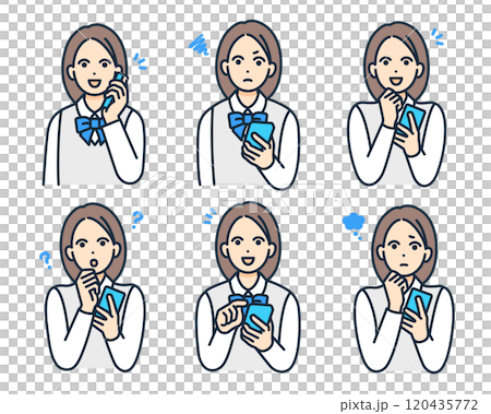 Students in uniform. Vector illustration set of high school girls holding smartphones. 120435772