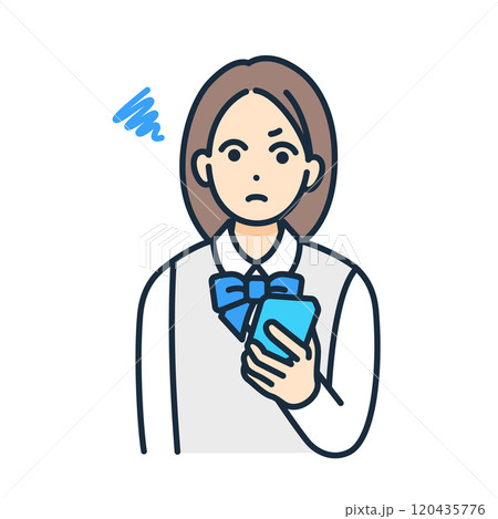 不愉快な気分。怒る女の子。スマフォを手にするブレザー姿の学生。 120435776