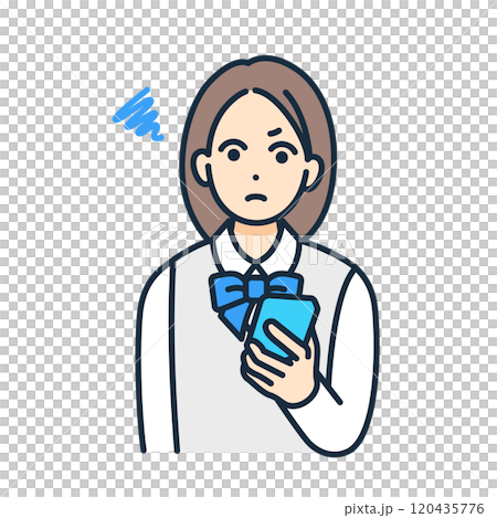 不愉快な気分。怒る女の子。スマフォを手にするブレザー姿の学生。 120435776