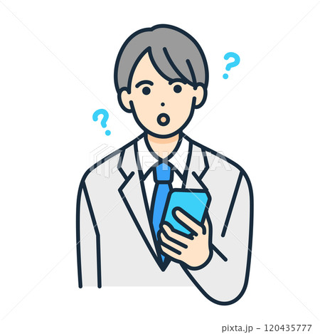 疑問を持つ男の子。携帯を手にする制服姿の中学生。ベクターイラスト素材。 120435777