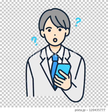 疑問を持つ男の子。携帯を手にする制服姿の中学生。ベクターイラスト素材。 120435777