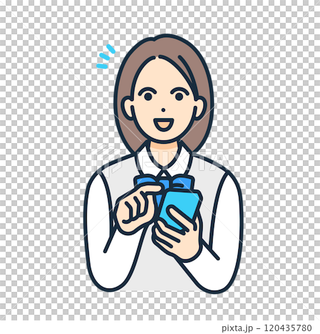 A smiling girl. An illustration of a high school girl in a blazer holding a smartphone. 120435780