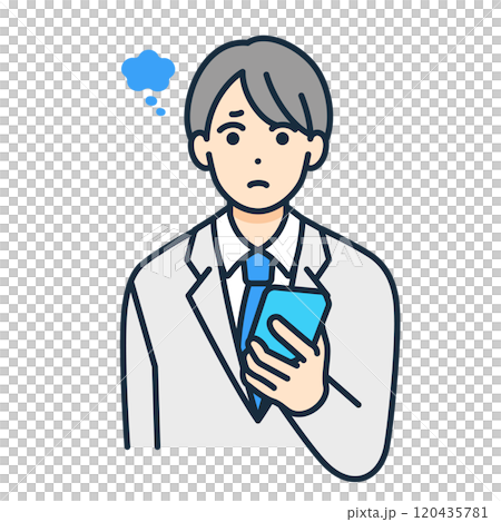 A high school student using SNS. An illustration of a boy who is having trouble and feeling anxious and confused. 120435781