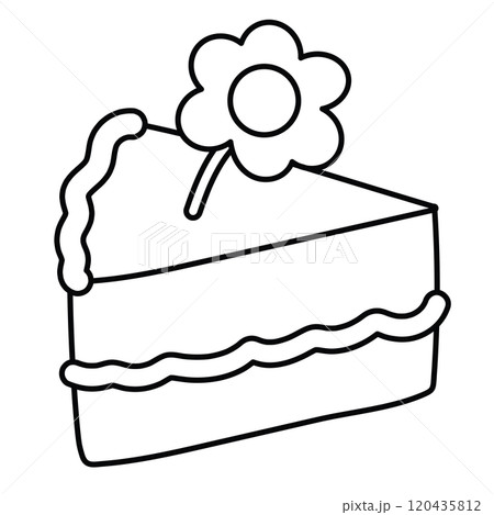 Outline of cake slice with flower for sweet dessert, cafe, restaurant, menu, recipe, baking element, cute patch, anniversary, wedding card, print, kid colouring book, art, painting, sketch 120435812