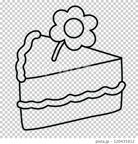 Outline of cake slice with flower for sweet dessert, cafe, restaurant, menu, recipe, baking element, cute patch, anniversary, wedding card, print, kid colouring book, art, painting, sketch Outline of cake slice with flower for sweet dessert, cafe, restaurant, menu, recipe, baking element, cute patch, anniversary, wedding card, print, kid colouring book, art, painting, sketch 120435812