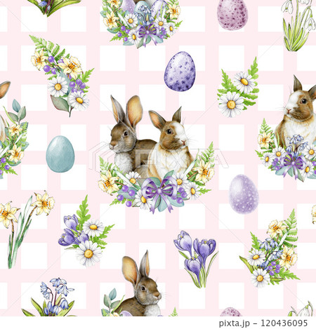 Easter mood hand drawn vintage style seamless pattern decor element with cute bunnies, pastel colored eggs and primrose floral bouquets. Perfect for tender spring decor, gift wrap and holiday designs Easter mood hand drawn vintage style seamless pattern decor element with cute bunnies, pastel colored eggs and primrose floral bouquets. Perfect for tender spring decor, gift wrap and holiday designs 120436095