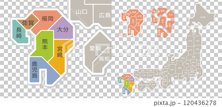日本九州地區地圖,以縣名進行顏色編碼 日本九州地區地圖,以縣名進行顏色編碼 120436278