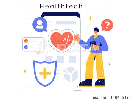 Health Tech Vector Illustration Featuring Modern High Technology Devices used in Everyday Life for Tracking Health Conditions in a Flat Background 120436359