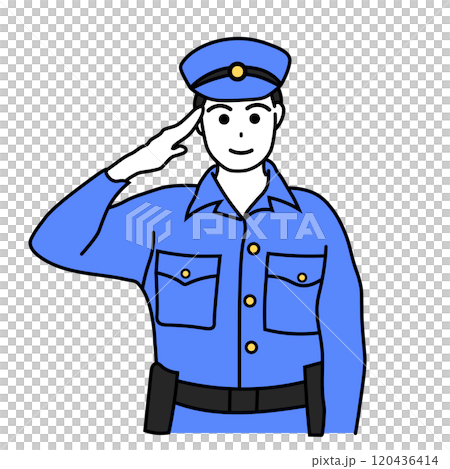 一名身穿藍色制服的警察敬禮的插圖 一名身穿藍色制服的警察敬禮的插圖 120436414