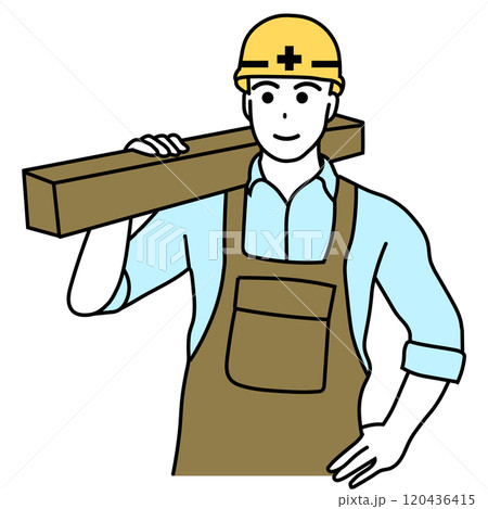 作業用ヘルメットを着用した木材を運ぶ大工のイラスト 120436415