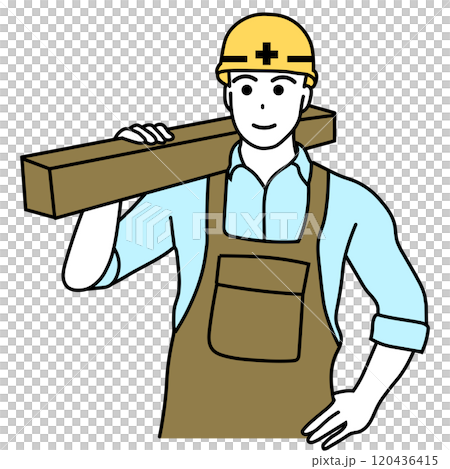 木匠戴著工作頭盔搬運木材的插圖 120436415