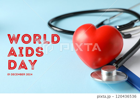 AIDS Day, music notebook, phonendoscope and heart on a light background with text 120436536