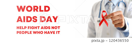 AIDS day, red ribbon in doctor's hand on white background with text 120436550