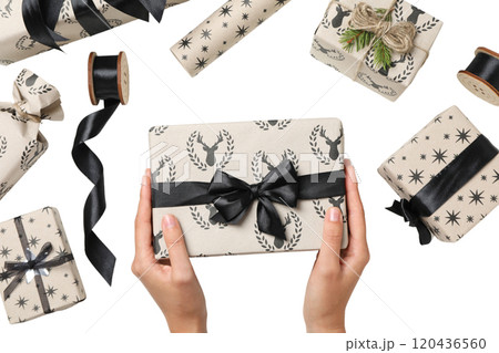 PNG, Christmas gifts, packing process, isolated on white background. 120436560