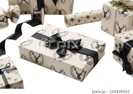 PNG, Christmas gifts, packing process, isolated on white background. 120436561