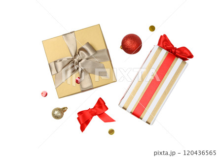 PNG, Christmas gift boxes with Christmas toys isolated on white background. 120436565
