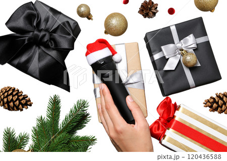 PNG, New Year gift, Christmas gifts with microphone isolated on white background. 120436588