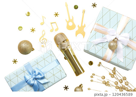 PNG, New Year gifts with microphone, golden microphone isolated on white background. PNG, New Year gifts with microphone, golden microphone isolated on white background. 120436589