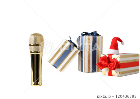 PNG, New Year gifts with microphone, golden microphone isolated on white background. 120436595
