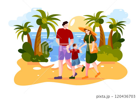 Happy family walking outdoors along ocean beach Happy family walking outdoors along ocean beach 120436703
