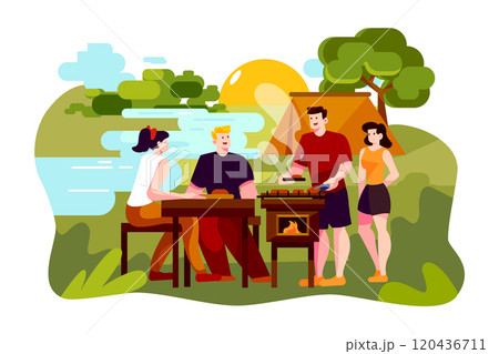 Group of man and woman enjoy camping picnic and barbecue at lake with tents in background 120436711