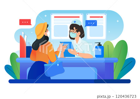 Women wearing mask asking nurse in hospital Women wearing mask asking nurse in hospital 120436723