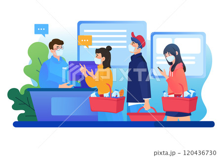 People wearing mask waiting in line People wearing mask waiting in line 120436730