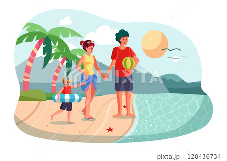 Happy family walking outdoors along ocean beach 120436734
