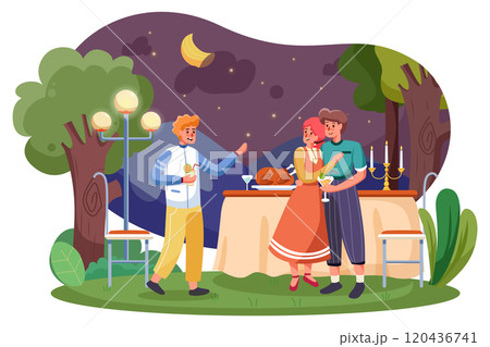 Happy friends having meat for dinner at summer garden party at night Happy friends having meat for dinner at summer garden party at night 120436741