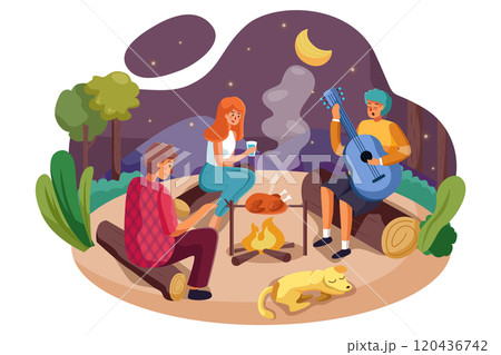 Group of man and woman enjoy camping picnic and barbecue 120436742
