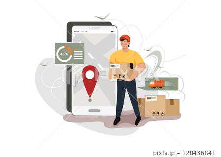 Handsome man delivery boxes to point using smartphone illustration Handsome man delivery boxes to point using smartphone illustration 120436841
