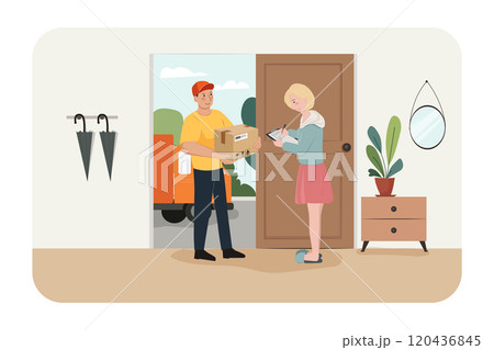 Woman receiving parcel from delivery service courier through smart phone screen. 120436845