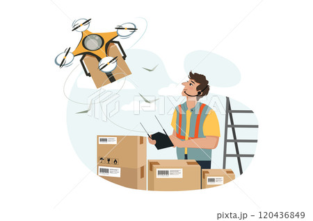 Young handsome man controls drone delivery illustration Young handsome man controls drone delivery illustration 120436849