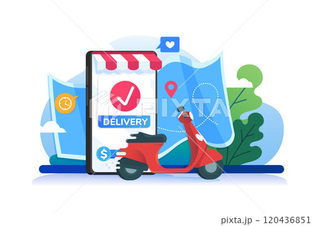 Delivery shop at home with motorcycle transport on mobile. 120436851