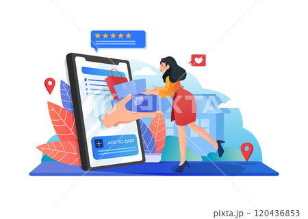 Woman receiving a gift box from smartphone. online shopping concept illustration. 120436853