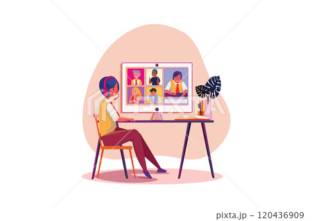 Online job interview. HR management making video call for contacting candidate by conference, talking on webcam Online job interview. HR management making video call for contacting candidate by conference, talking on webcam 120436909