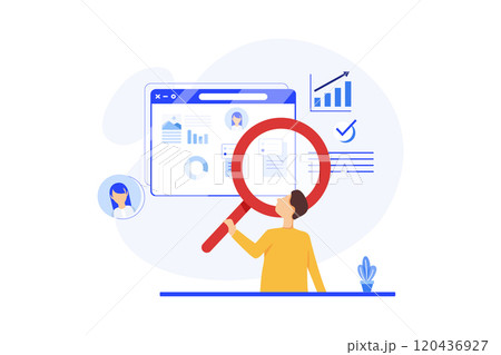 Businessman hand holding magnifier and closer study report from market research 120436927