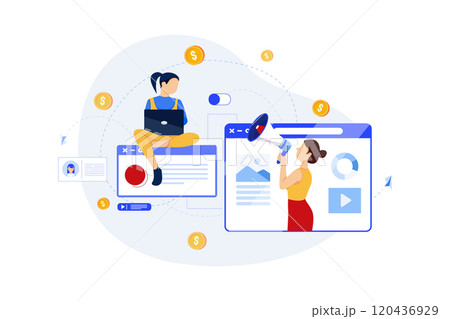 Woman on web screen with megaphone attracts people Woman on web screen with megaphone attracts people 120436929