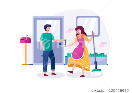 The host gives the key to the cleaning woman. 120436959