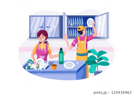The cleaning team is washing and arranging the dishes. 120436962