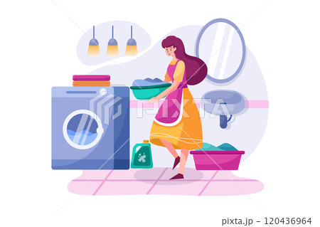 The cleaning woman bringing clothes to the washing machine. 120436964