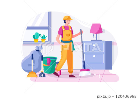 Cleaning man holding broom satisfied with clean house. 120436968