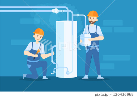 Plumber are adjusting the temperature of the boiler. Plumber are adjusting the temperature of the boiler. 120436969